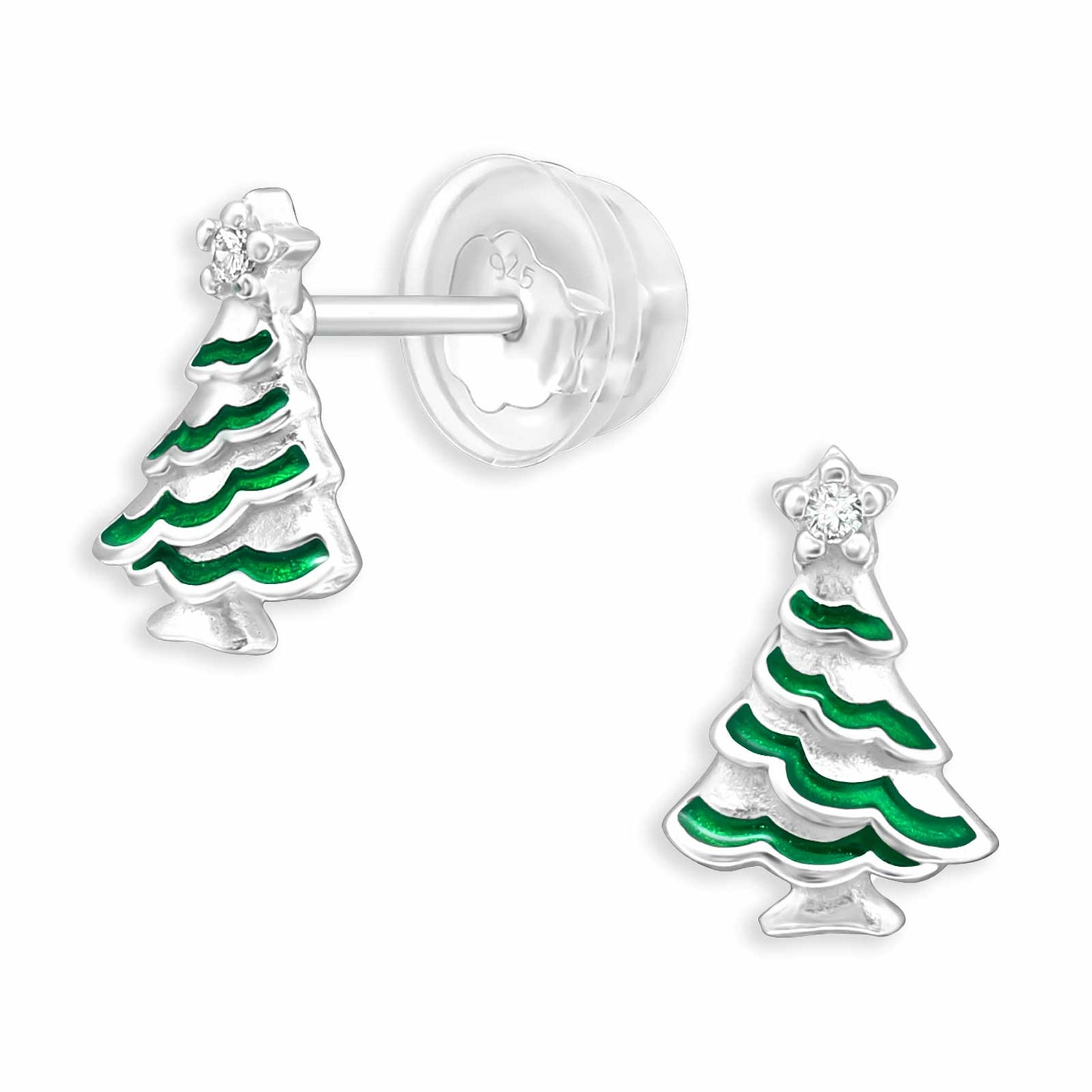 Kinderoorbellen in de vorm van een kerstboom, gemaakt van 925 zilver.