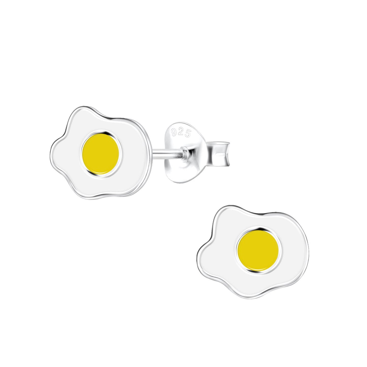 Kinderoorbellen in de vorm van een gebakken ei, gemaakt van 925 zilver.