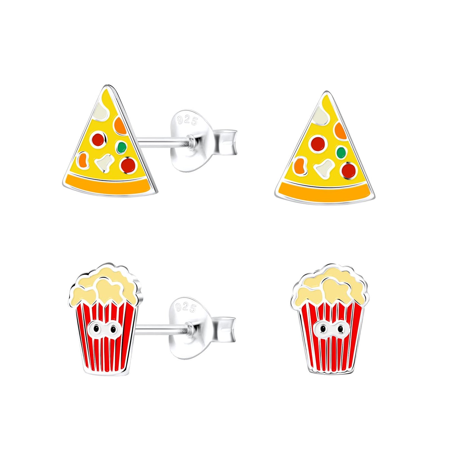 Children's earring set Pizza Popcorn made of 925 silver