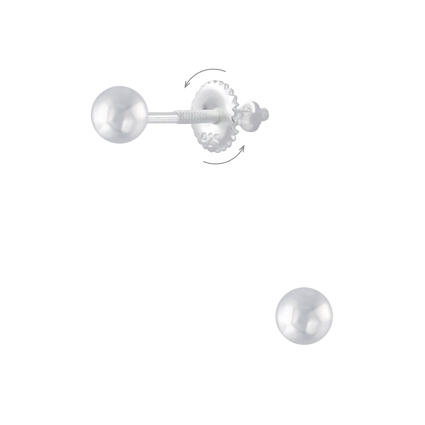 Children's earrings, 3mm ball, screw closure, made of 925 silver