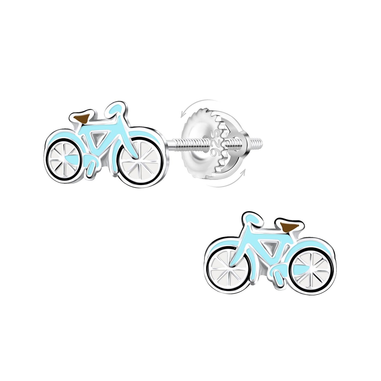 Kinderoorbellen met fietsmotief en schroefdop, gemaakt van 925 zilver.
