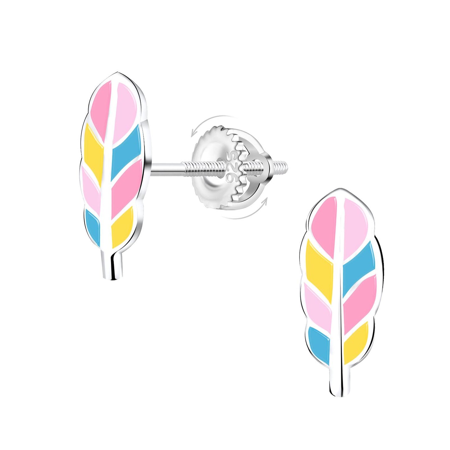 Children's earrings with feather screw closure, made of 925 silver