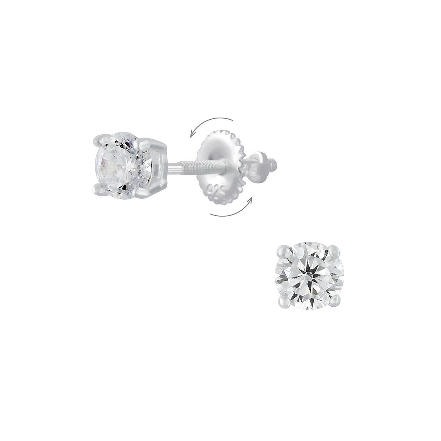 Children's earrings, 4mm round cubic zirconia, screw back, made of 925 silver