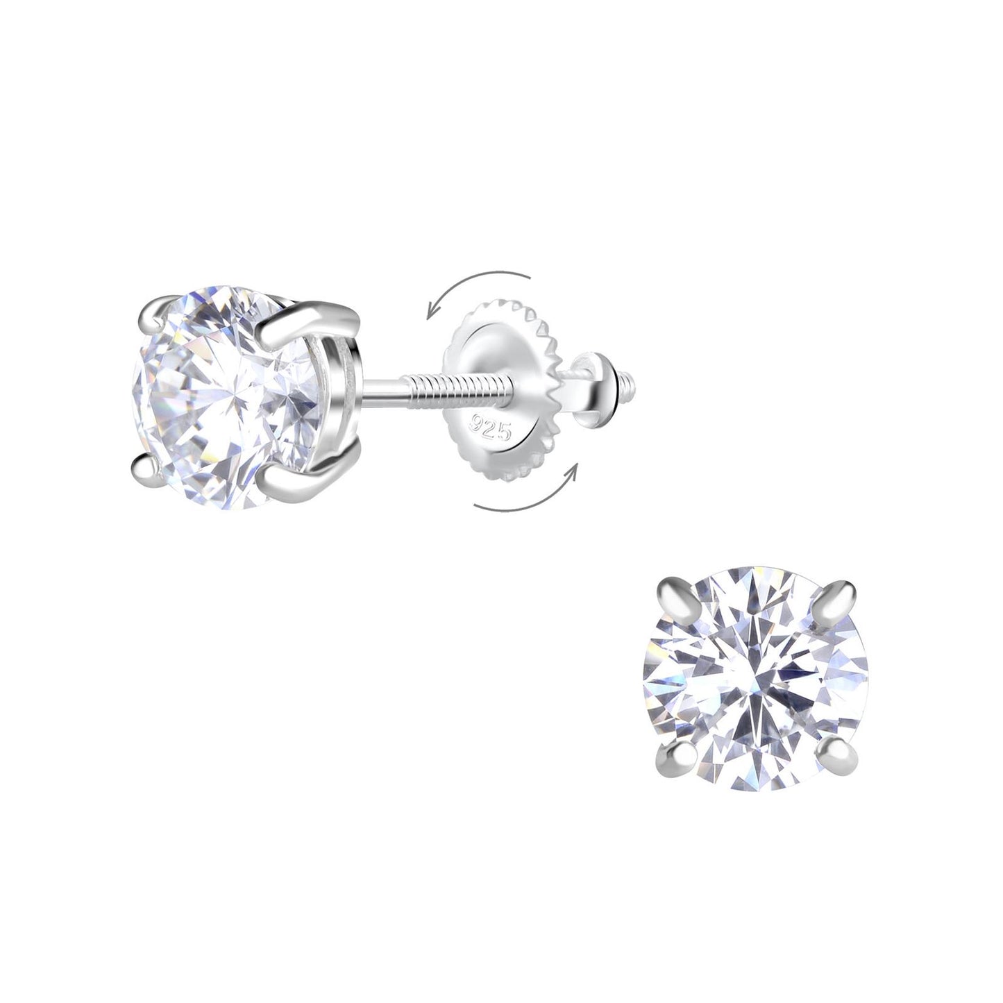 Children's earrings, 6mm round cubic zirconia, screw back, made of 925 silver
