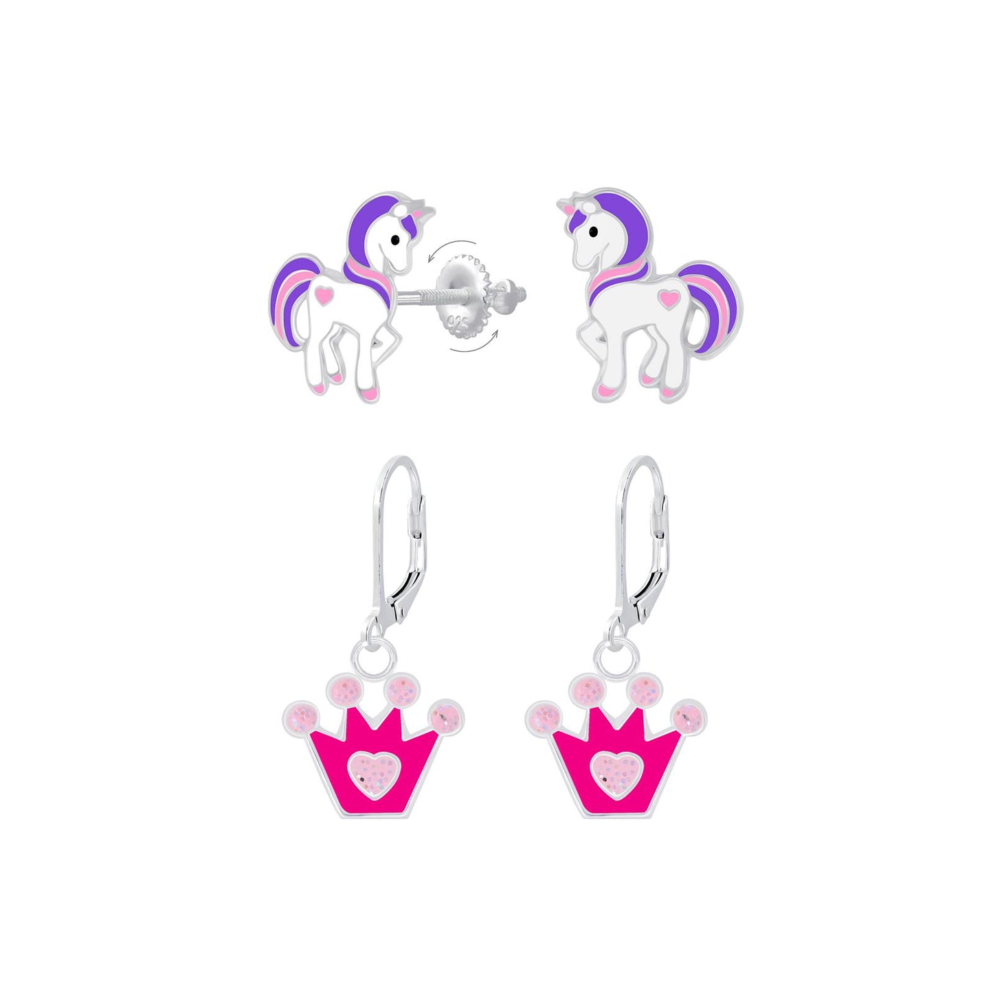 Kinder Ohrringe-Set Einhorn Kronen aus 925 Silber