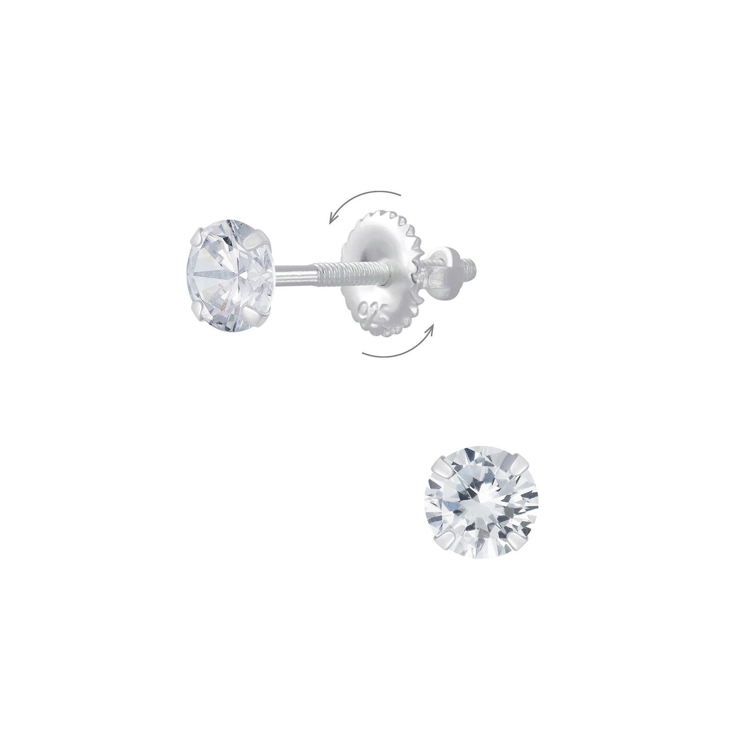 Children's earrings, 4mm round cubic zirconia, screw back, made of 925 silver