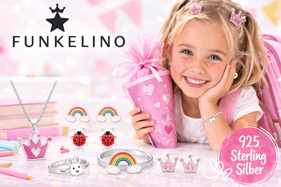 Mädchen freut sich zur Einschulung über schöne Schmuck Geschenke von Funkelino