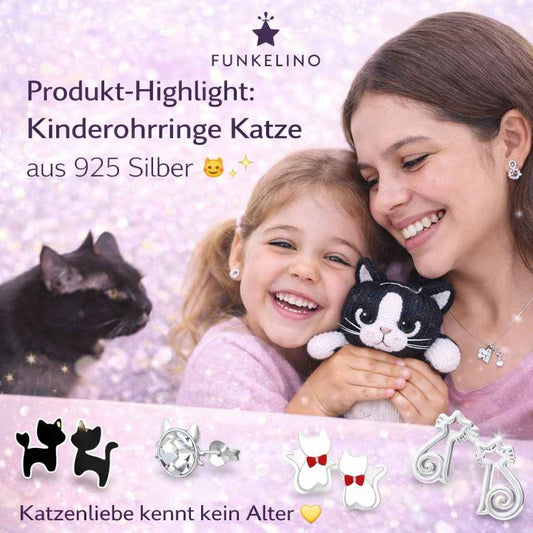 Kinderohrringe Katze aus 925 Silber – hypoallergene Ohrringe für empfindliche Kinderohren bei Funkelino
