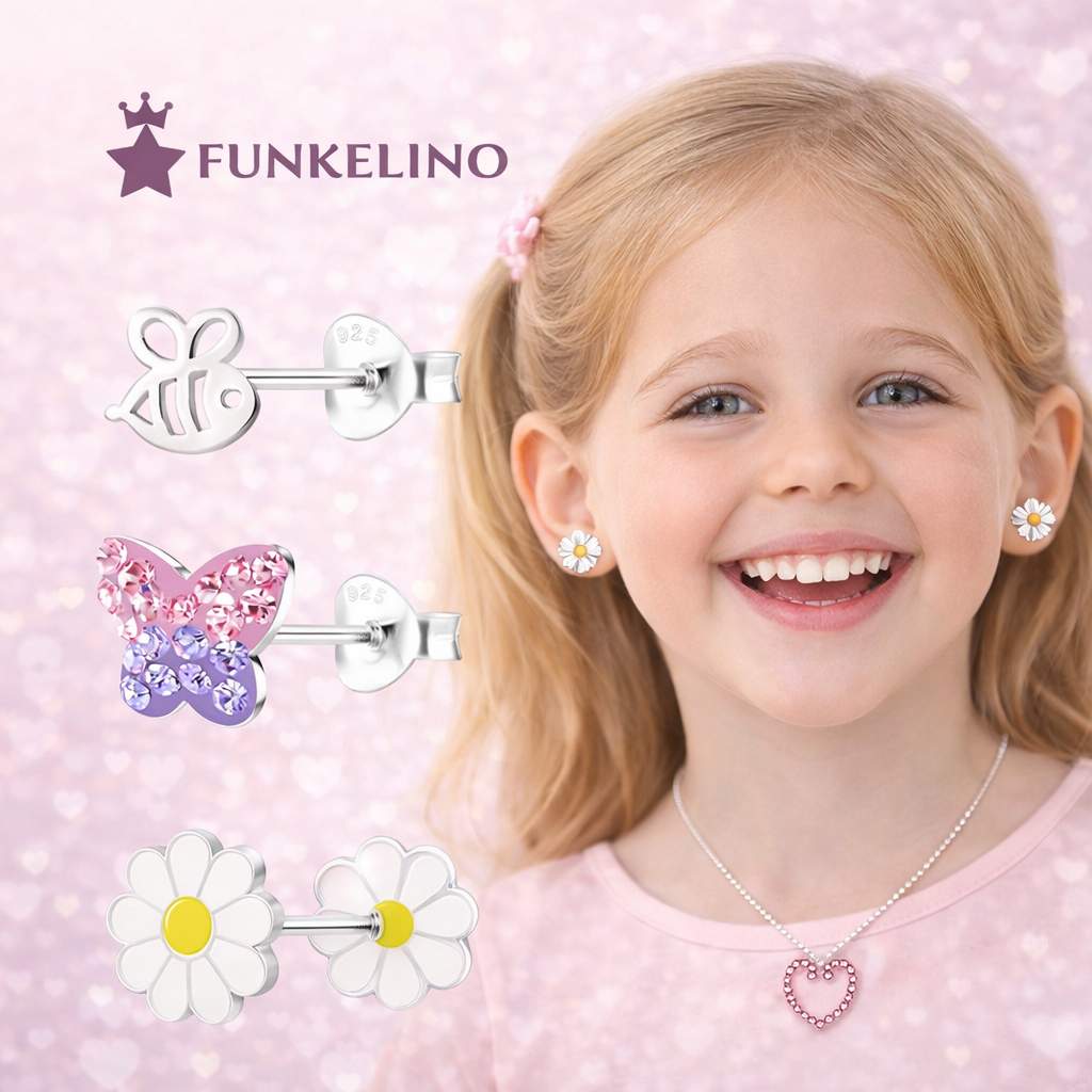 Mädchen freut sich über tolle Ohrringe mit Blumen und Schmetterling Motiven von Funkelino