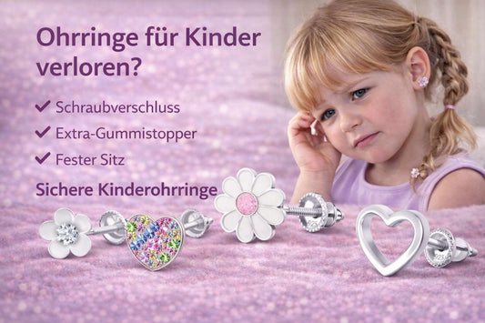 Mädchen traurig über verlorene Ohrringe, aber Funkelino zeigt die Lösung mit festem Sitz und Schraubverschluss