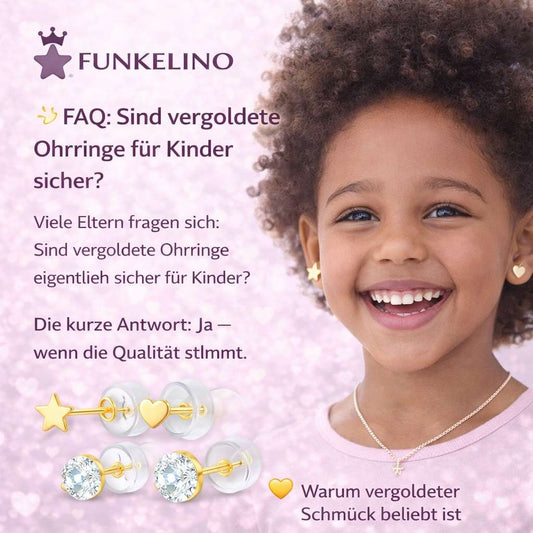 Fröhliches Mädchen mit Echtgold Ohrsteckern, aber wo ist der Unterschied zu vergoldeten varianten? Funkelino Ratgeber und Unterschiede erklärt