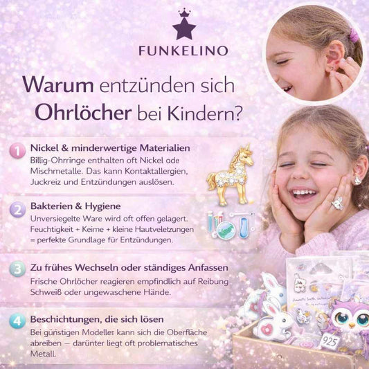 Infografik zu entzündeten Ohrlöchern bei Kindern mit Ursachen wie Nickel, Bakterien und Billig-Ohrringen