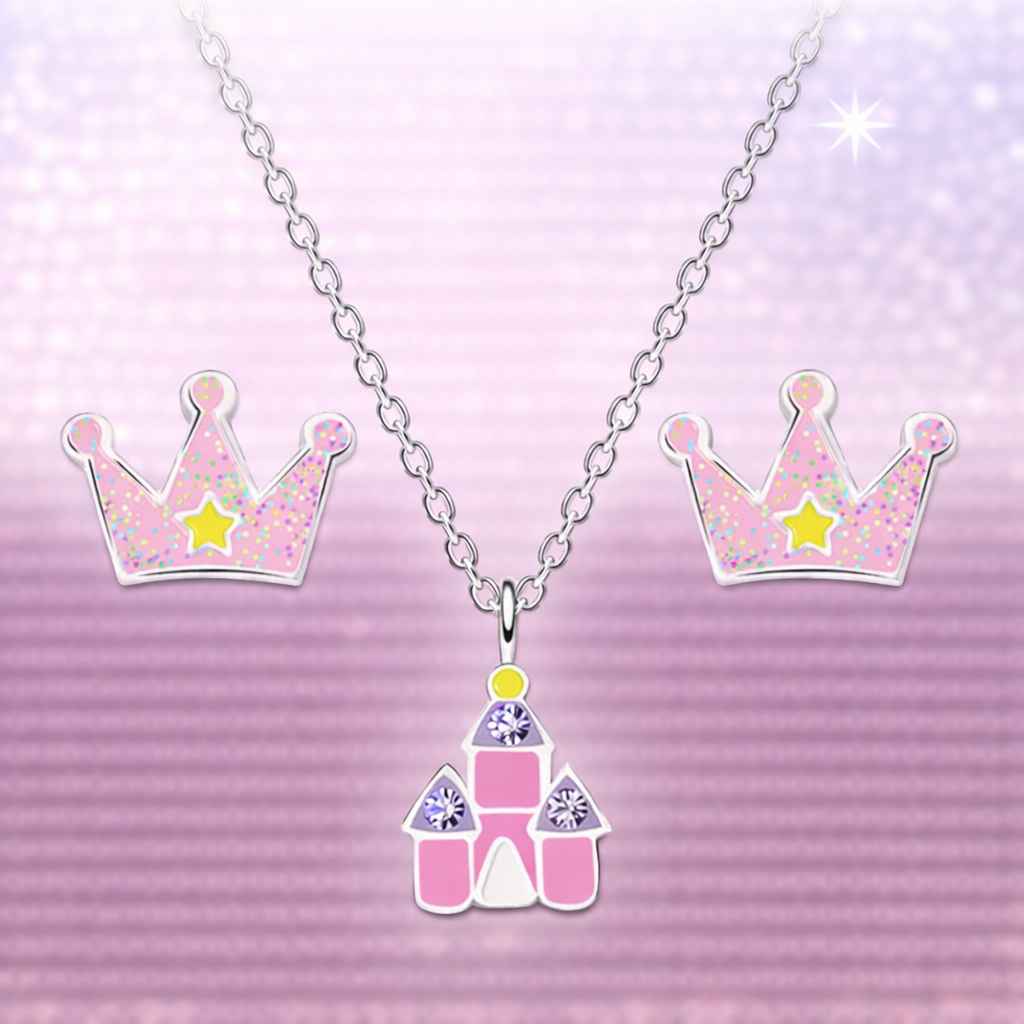 Kinder Schmuck Set aus 925 Silber für Prinzessinen mit Schloss und Kronen Ohrstecker und Halskette