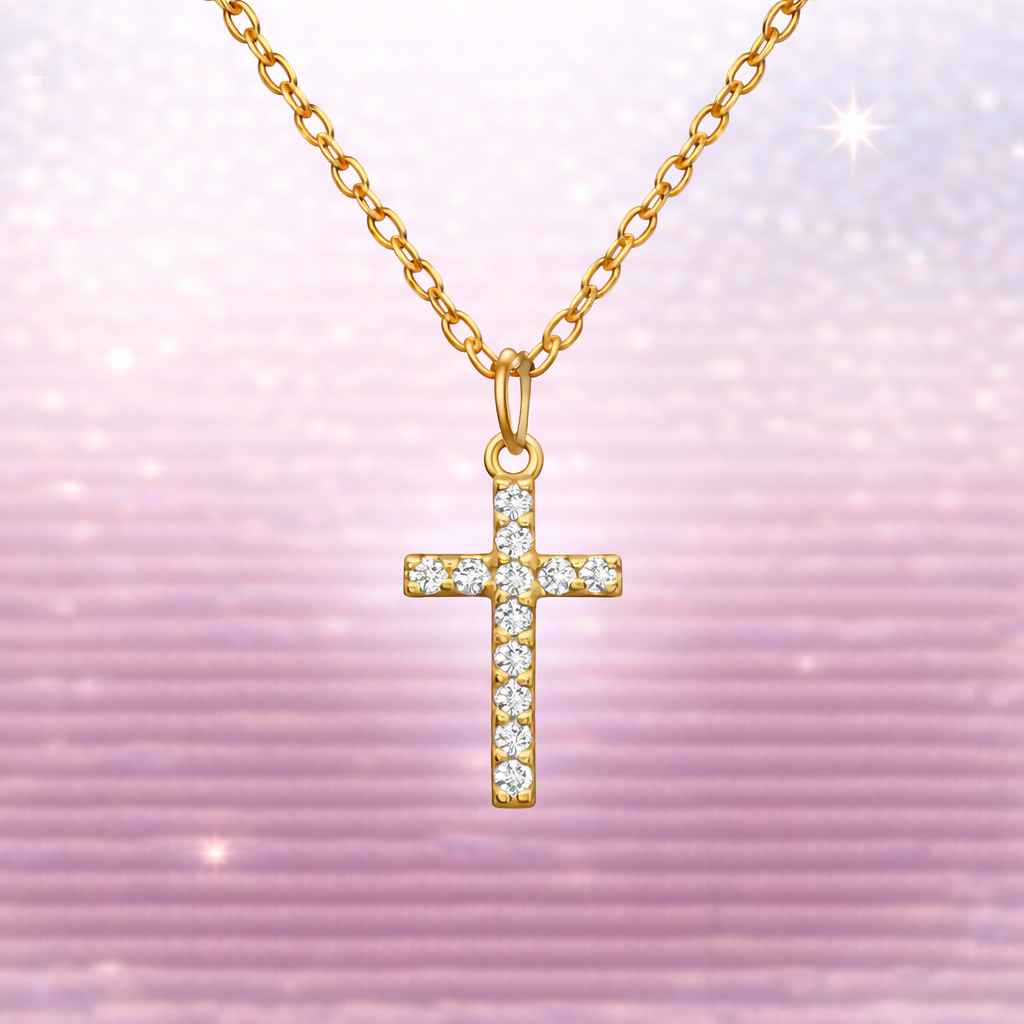 kinder halskette für jungen aus 925 silber und vergoldetes kreuz motiv mit kristallen