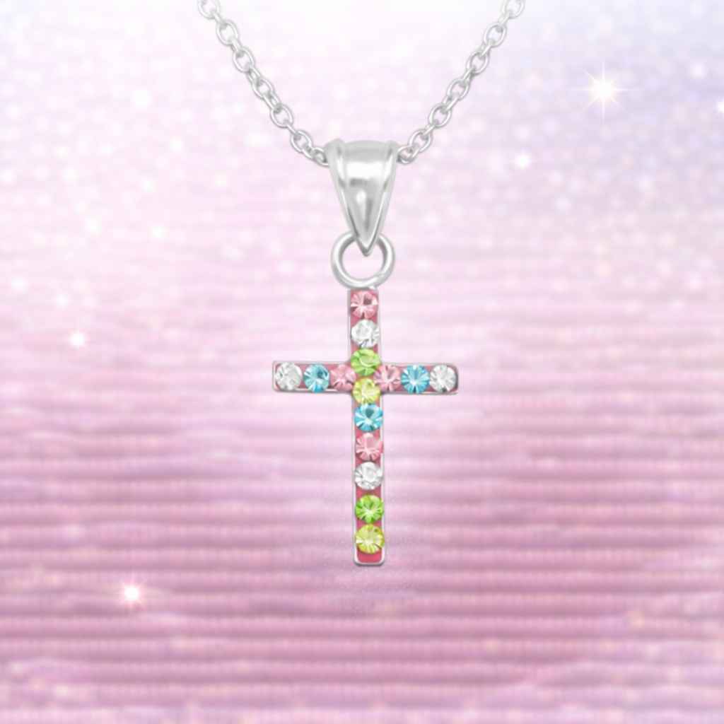 kinder halskette für mädchen aus 925 silber mit buntem glitzernden kreuz motiv