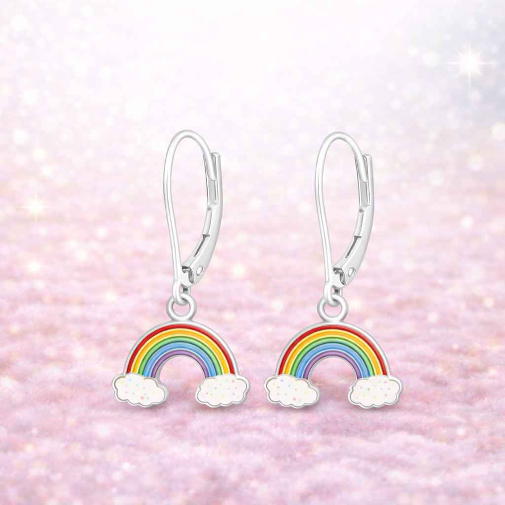 Klappcreolen aus 925 Silber mit Regenbogen Anhänger für Kinder