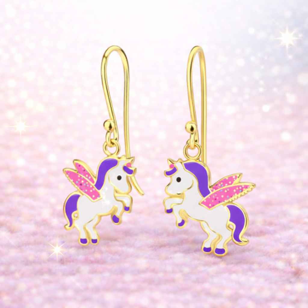 kinderohrringe aus 925 silber hängend und vergoldet mit einhorn motiv