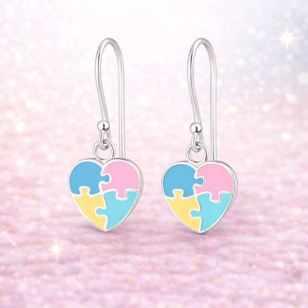 kinderohrringe aus 925 silber hängend mit herz motiv als puzzle