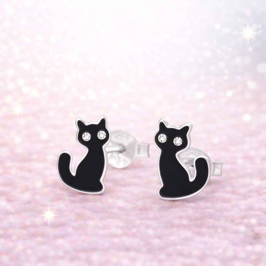 kinderohrringe aus 925 silber mit schwarzer katze