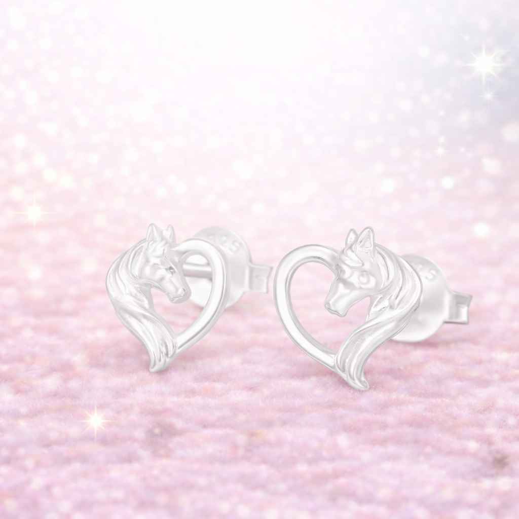 kinderohrringe aus silber mit pferd und herz motiv