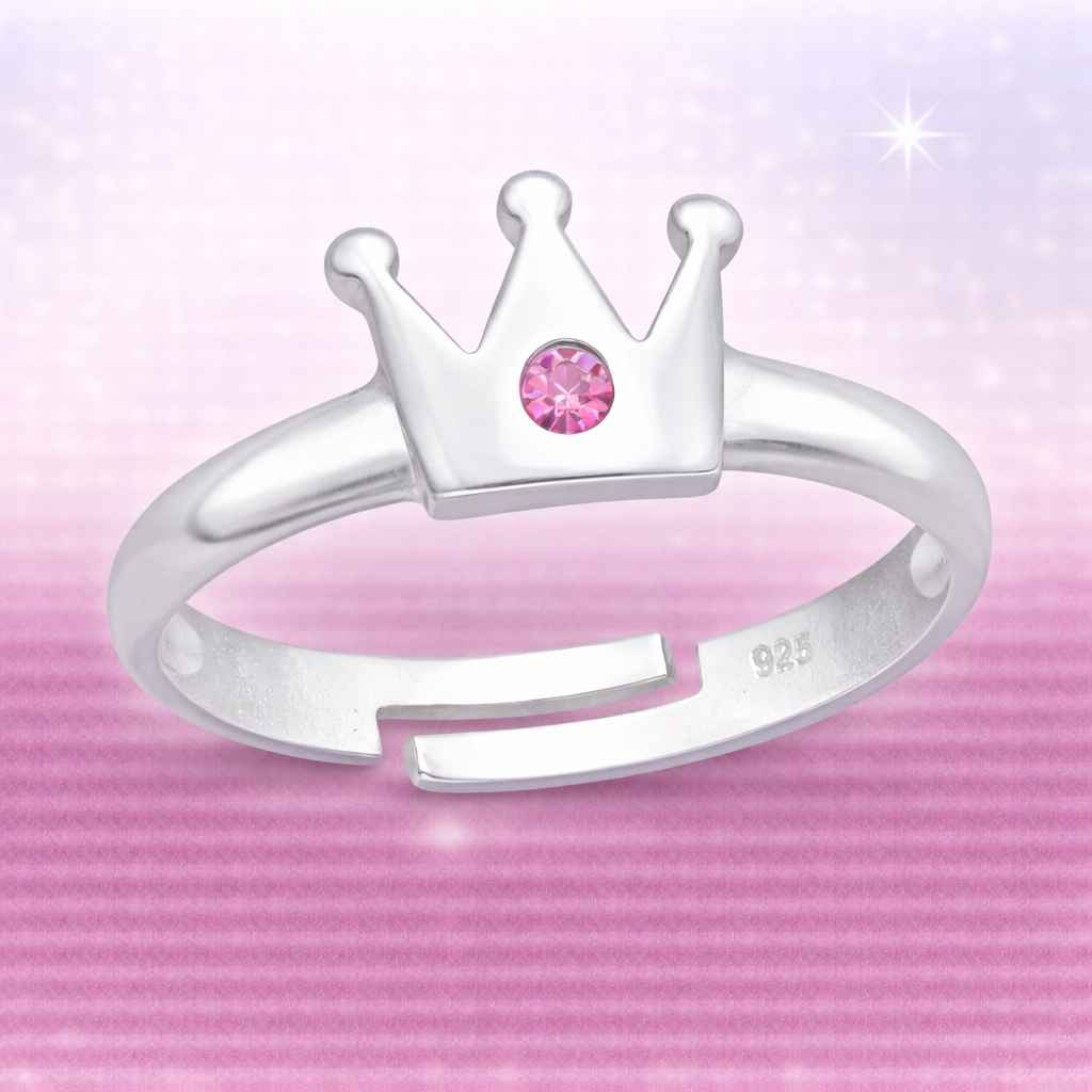 Kinderring aus 925 Silber mit Kronen Motiv und rosa glitzer Kristall
