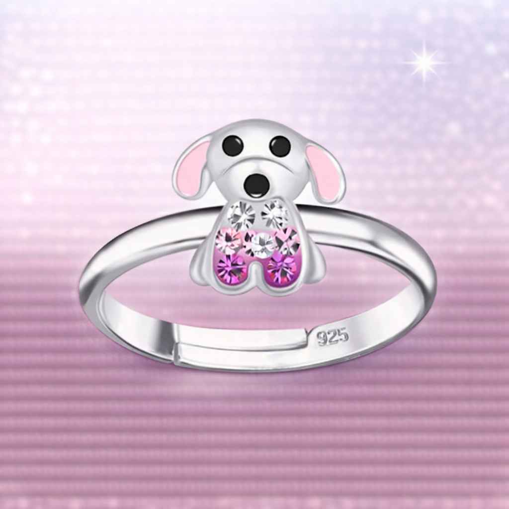 Kindderring aus 925 Silber, verstellbar mit süßem Hunde-Motiv und glitzer Kristallen