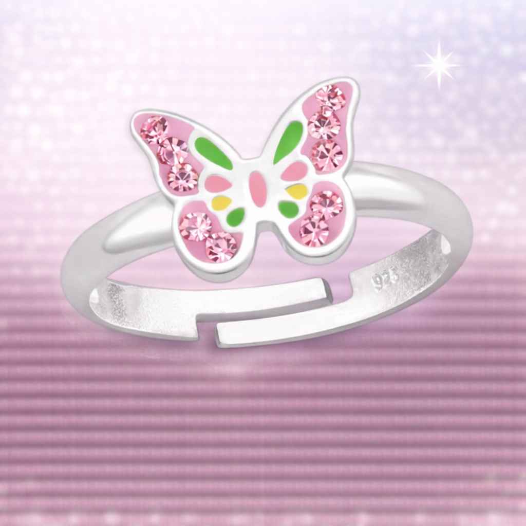 Kinderring aus 925 Silber für Mädchen mit Schmetterling Motiv und glitzer Kristallen