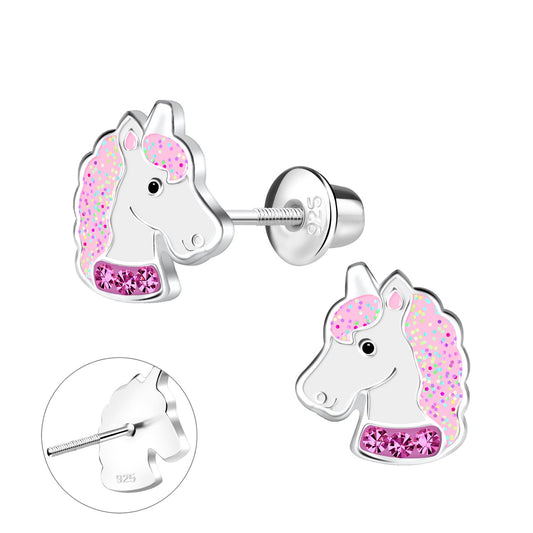 Eenhoornoorbellen voor meisjes met schroefsluiting, gemaakt van 925 sterling zilver.
