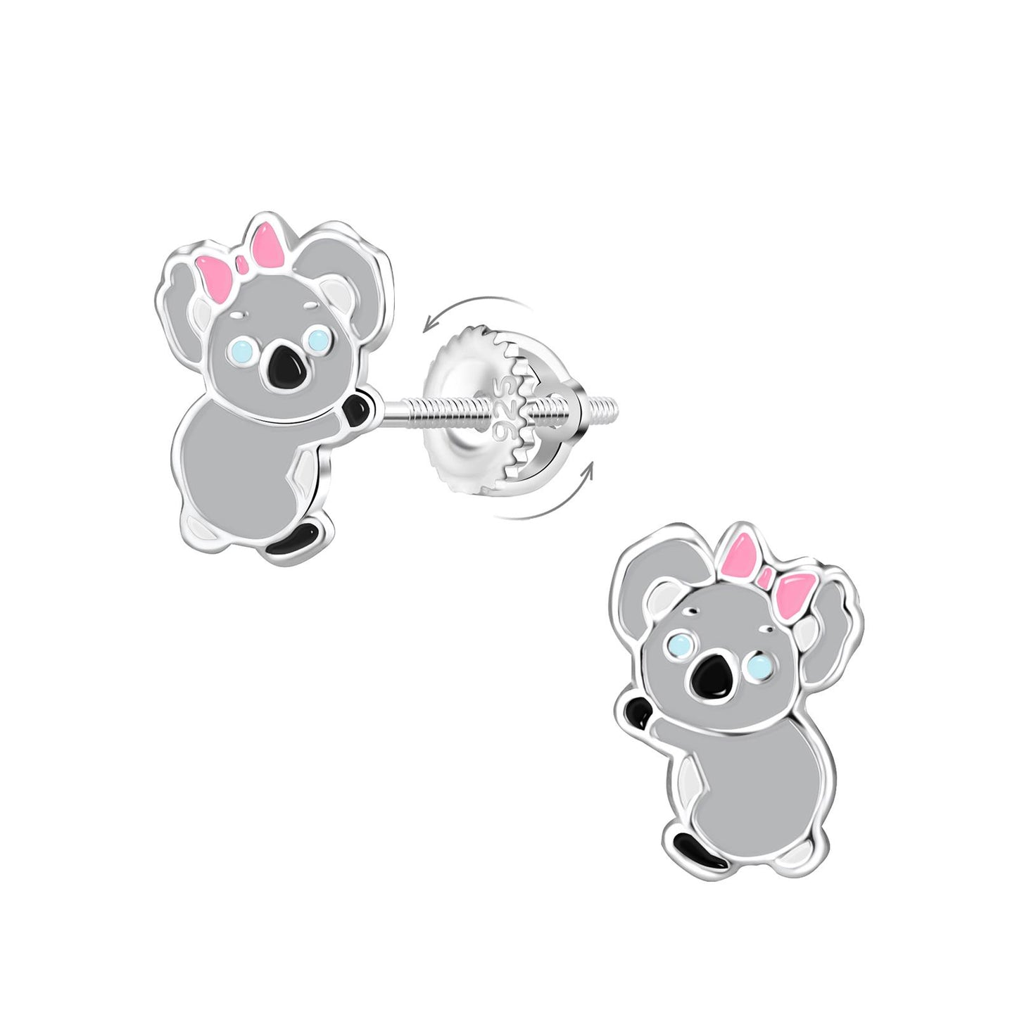 Kinderoorbellen in de vorm van een koala met schroefsluiting, gemaakt van 925 zilver.