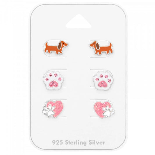 Kinder Ohrstecker-Set 3er Dackel Pfoten aus 925 Silber