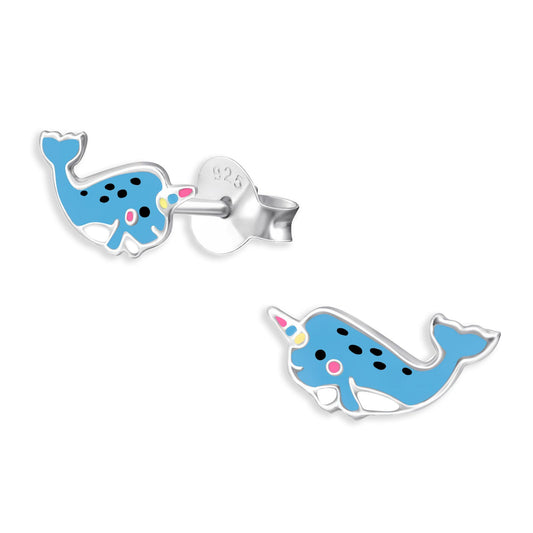 Girls' earrings, whale unicorn, made of 925 silver
