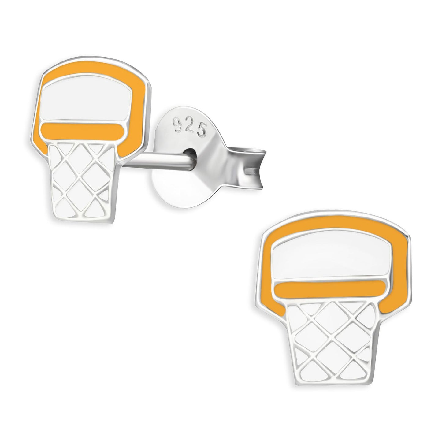 Kinderoorbellen in de vorm van een basketbalring, gemaakt van 925 zilver.