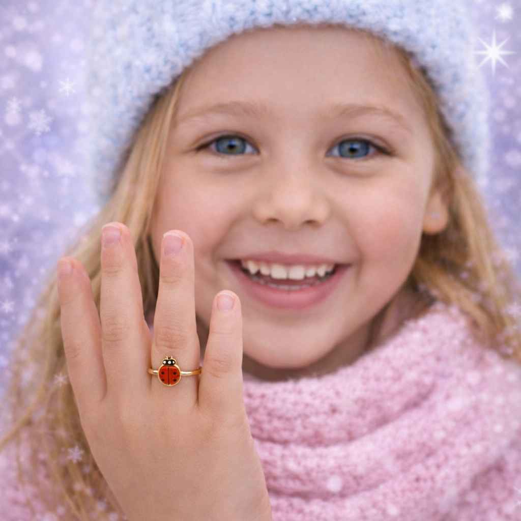 Fröhliches Mädchen mit goldenem Marienkäfer Ring aus 925 Silber von Funkelino