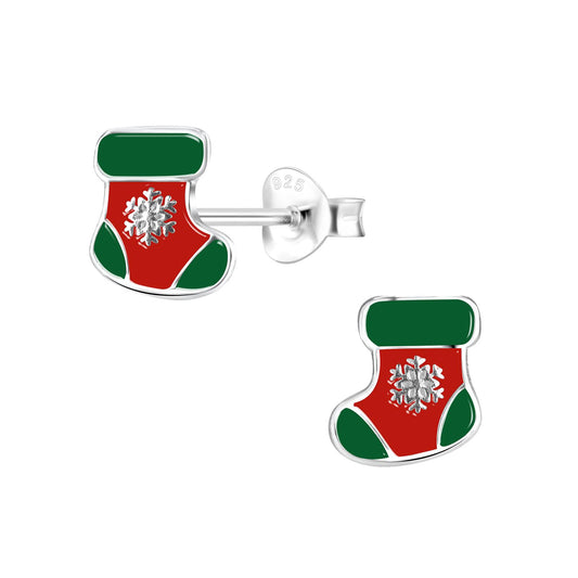 Kinderoorbellen in de vorm van kerstmanlaarsjes, gemaakt van 925 zilver.