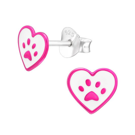 Girls' earrings, heart and paw prints, made of 925 silver