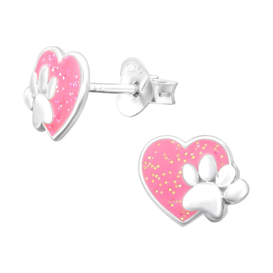 Girls' earrings, heart and paw prints, made of 925 silver