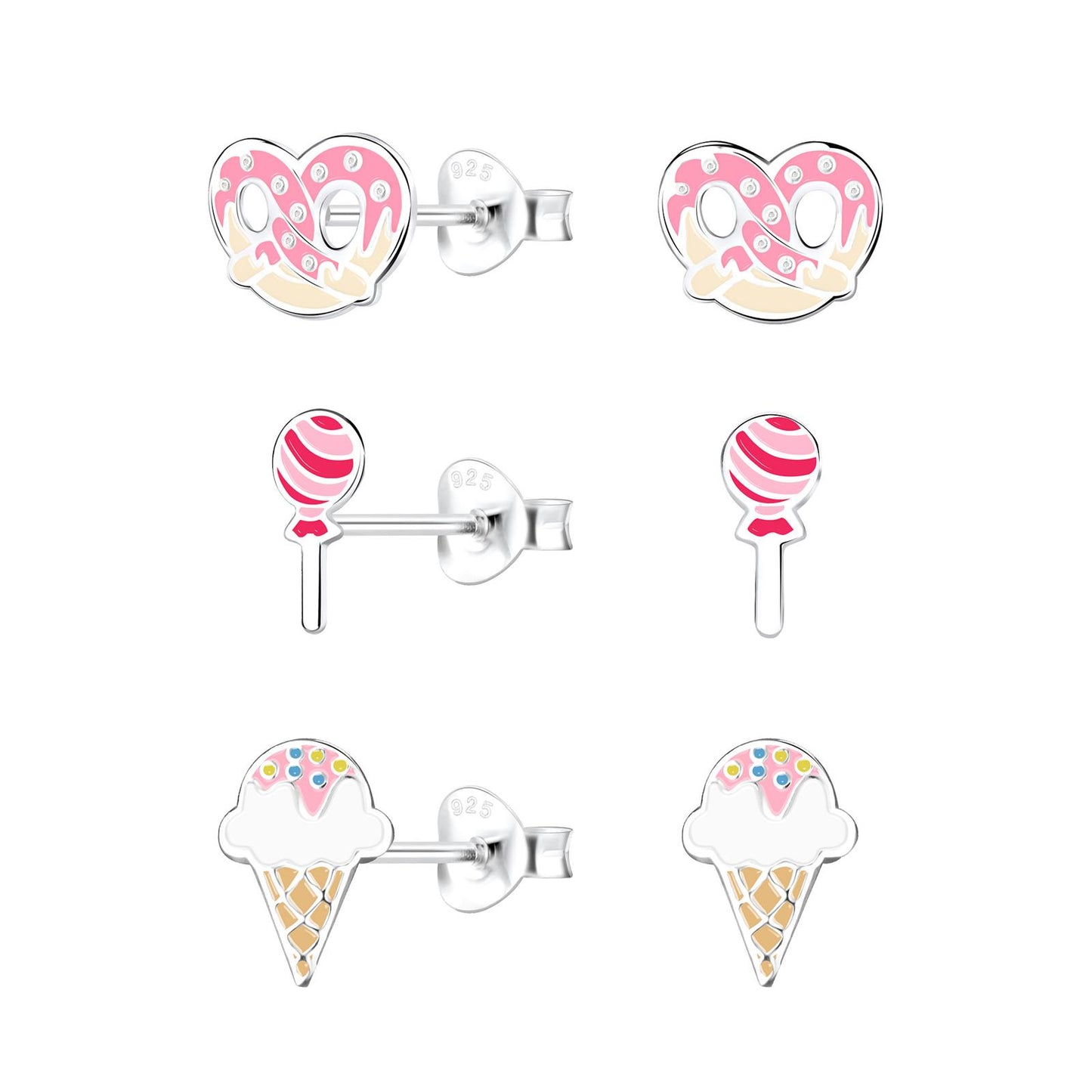 Kinderoorbellen in de vorm van snoepjes, gemaakt van 925 zilver.