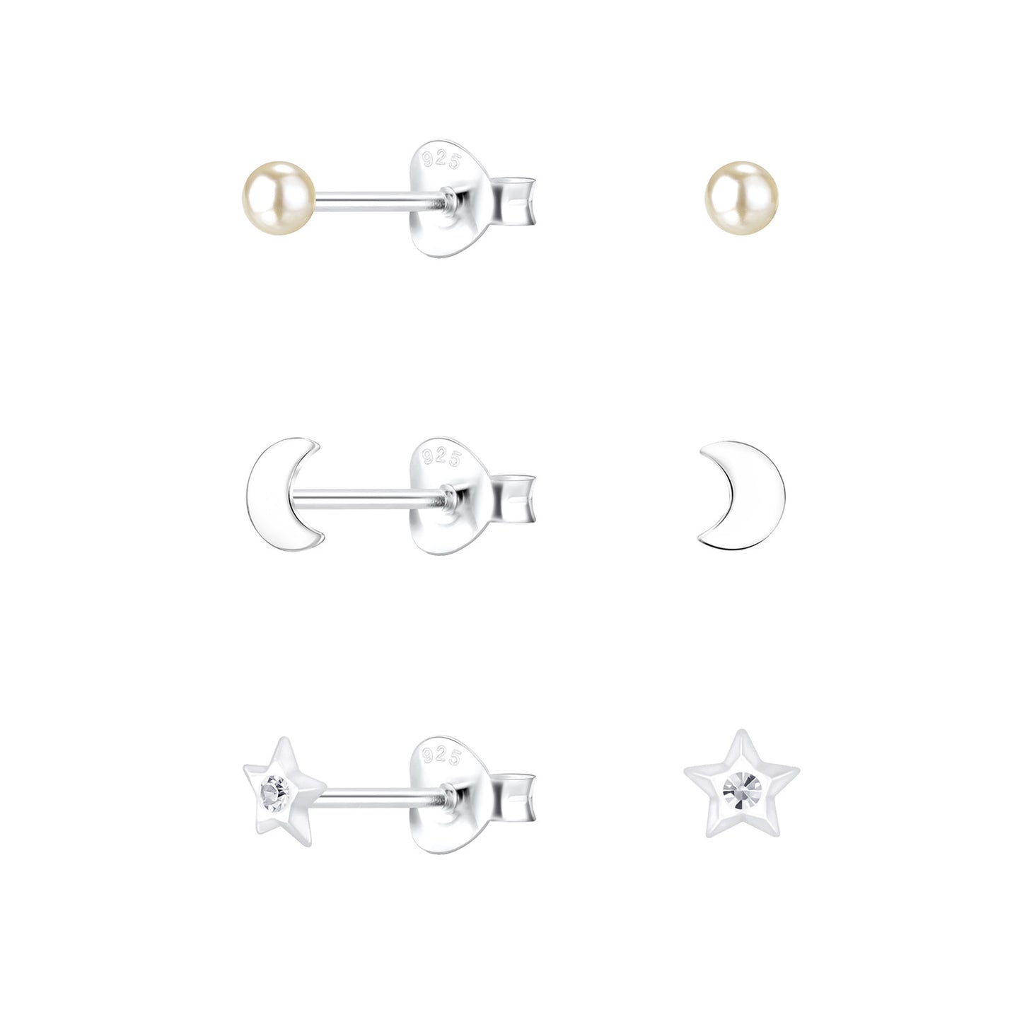 Kinderoorbellen set met maan en sterren, gemaakt van 925 zilver.