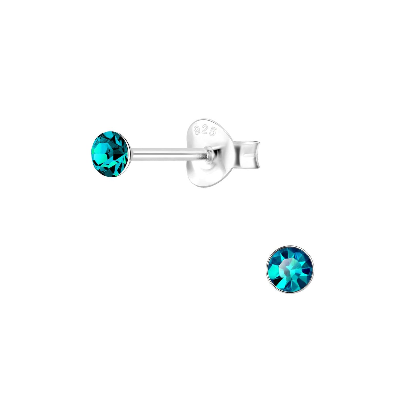 Kinderoorbellen, 3 mm rond kristal, gemaakt van 925 zilver.