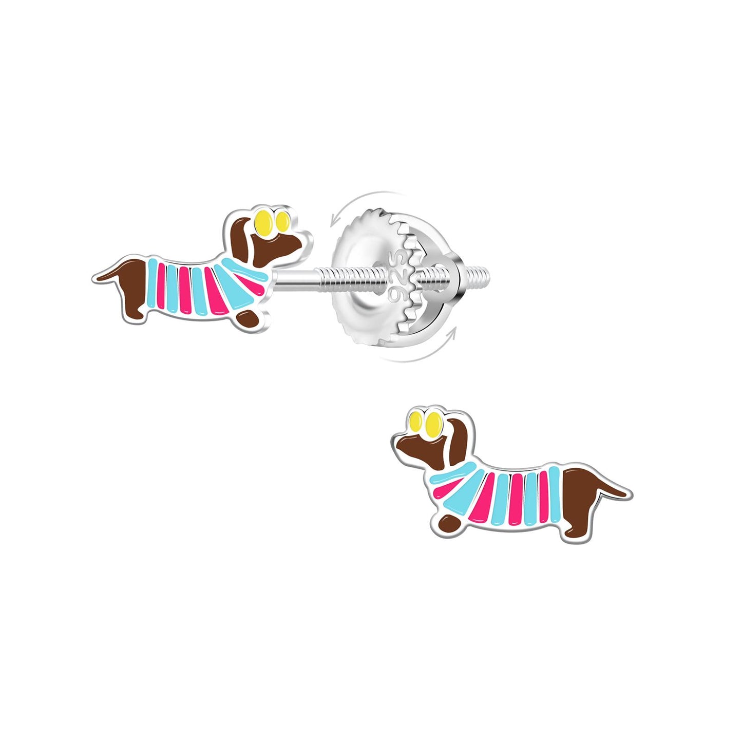 Kinderoorbellen met teckelmotief, schroefsluiting, gemaakt van 925 sterling zilver.