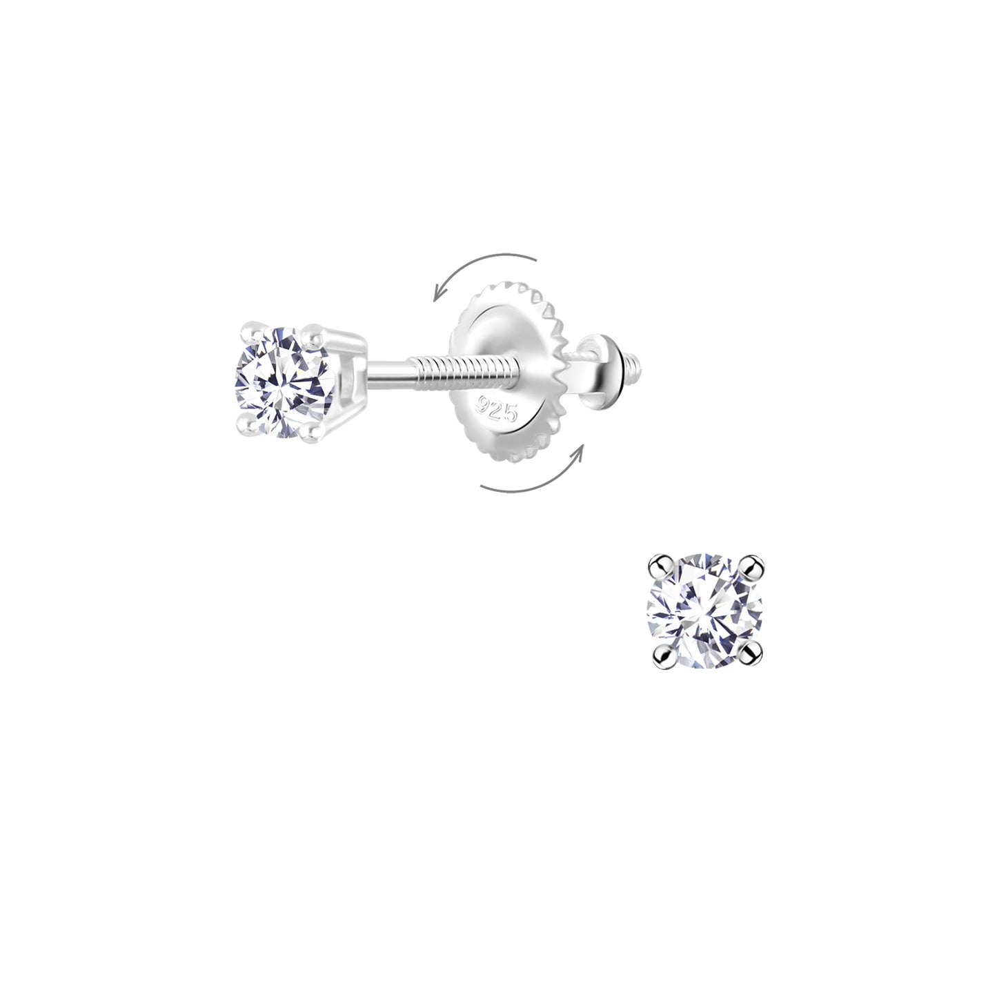 Kinderoorbellen, 3 mm ronde zirkonia, schroefsluiting, gemaakt van 925 zilver