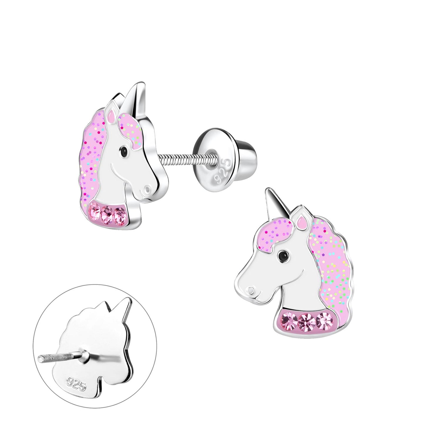 Eenhoornoorbellen voor meisjes met schroefsluiting, gemaakt van 925 sterling zilver.