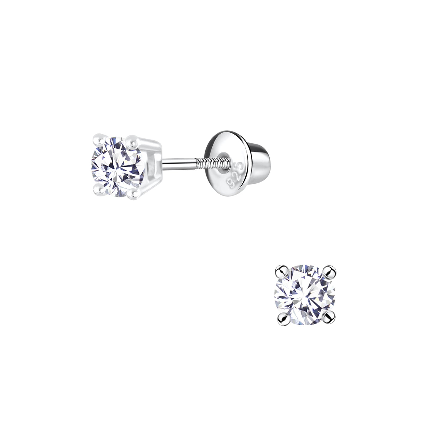 Kinder Ohrringe 4mm Runde Zirkonia Schraubverschluss aus 925 Silber