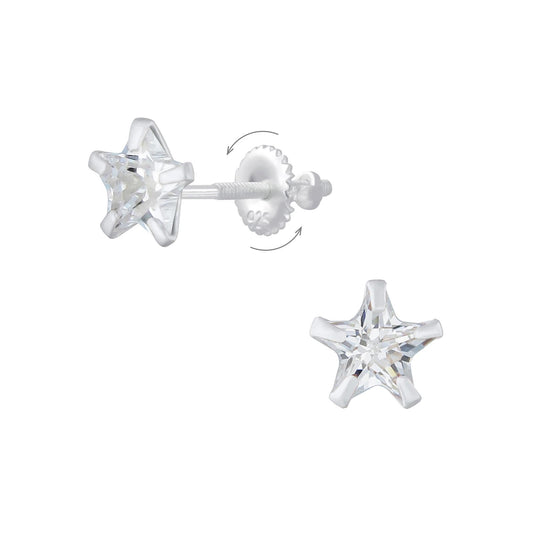 Oorbellen voor meisjes, 6 mm stervormig met zirkonia, schroefsluiting, gemaakt van 925 sterling zilver.