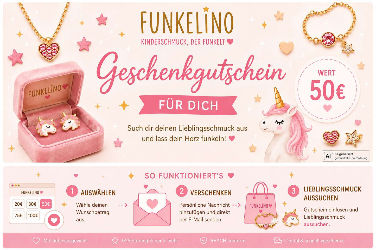 Funkelino Geschenkgutschein für Kinderschmuck mit Einhorn, Schmuckbox und digitalem Gutscheinversand