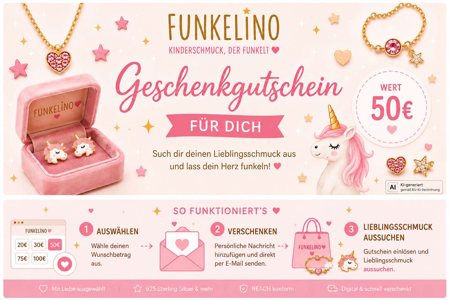 Funkelino Geschenkgutschein für Kinderschmuck mit Einhorn, Schmuckbox und digitalem Gutscheinversand