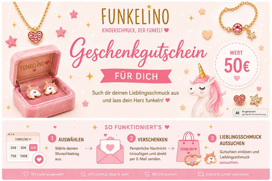 Funkelino Geschenkgutschein für Kinderschmuck mit Einhorn, Schmuckbox und digitalem Gutscheinversand