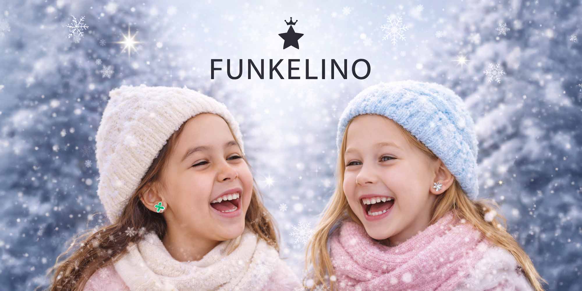Funkelino Kinderschmuck – fröhliche Kinder mit hypoallergenen Kinderohrringen im Winter
