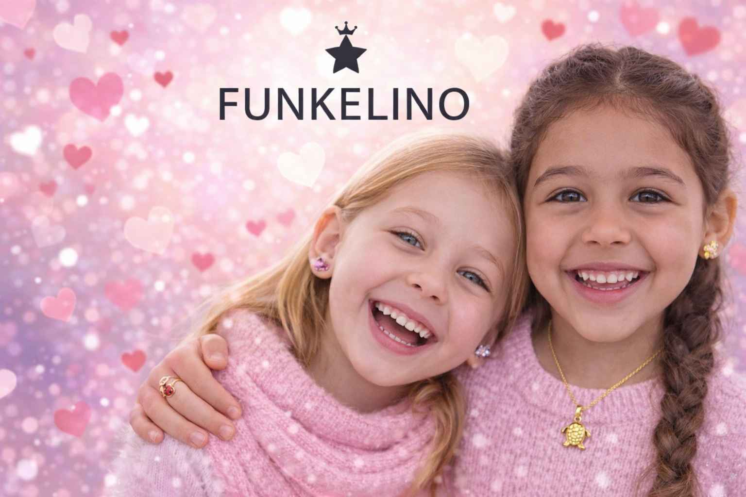 Zwei Mädchen freuen sich über herzliche Kinderschmuck Motive am Valentinstag