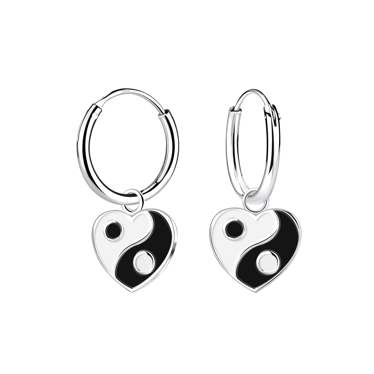 Yin Yang hartvormige oorringen voor meisjes, gemaakt van 925 sterling zilver.